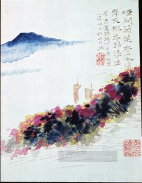 traditional Painting - Shitao riverbank of peach blossoms traditional China